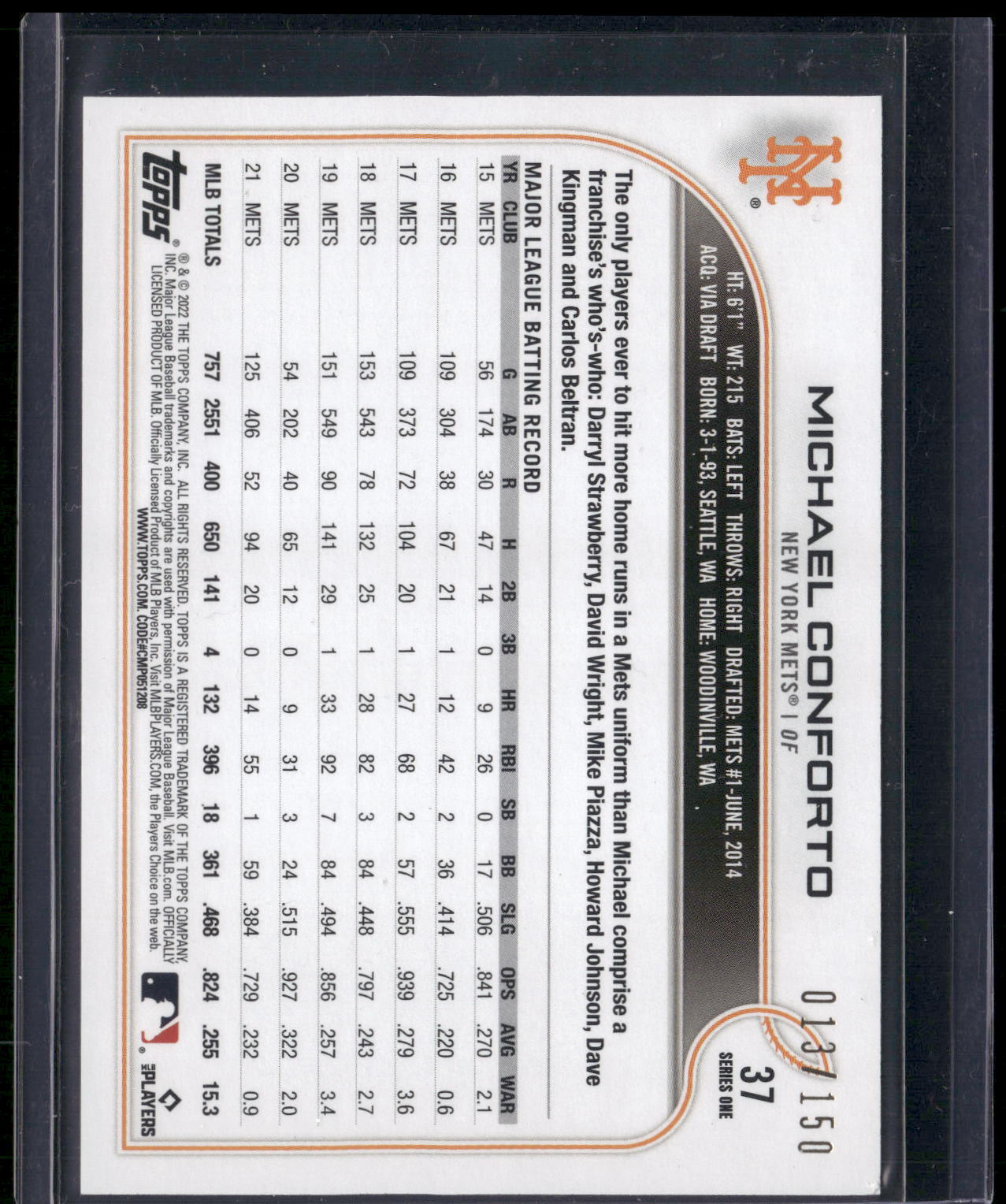2022 Topps 1st Edition #37 Michael Conforto Green Foil #/150