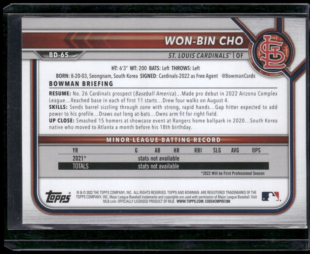 2022 Bowman Draft #BDC-65 Won-Bin Cho Chrome Purple Refractor #/250