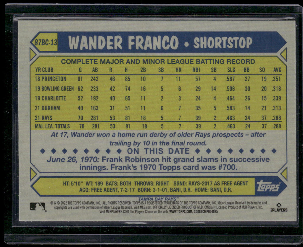 2022 Topps Chrome #87BC-13 Wander Franco 1987 Topps Baseball 35th Anniversary