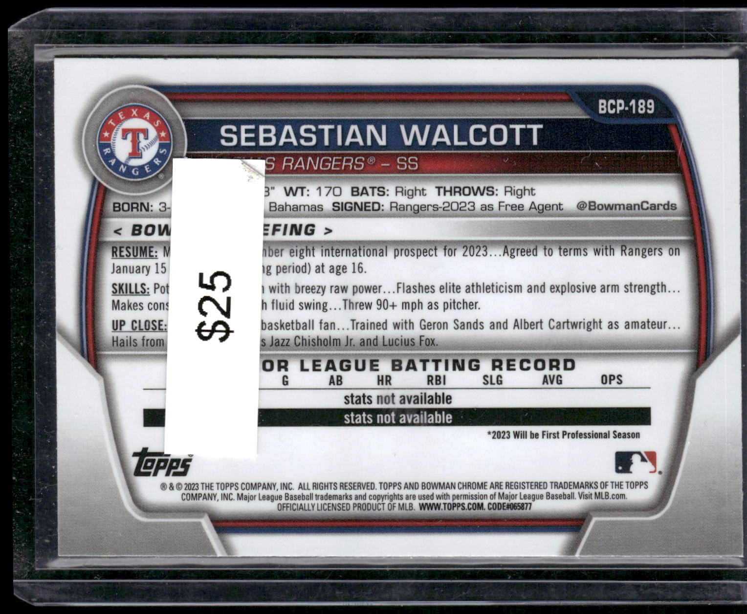 2023 Bowman Chrome #BCP-189 Sebastian Walcott Prospects Shimmer Refractor