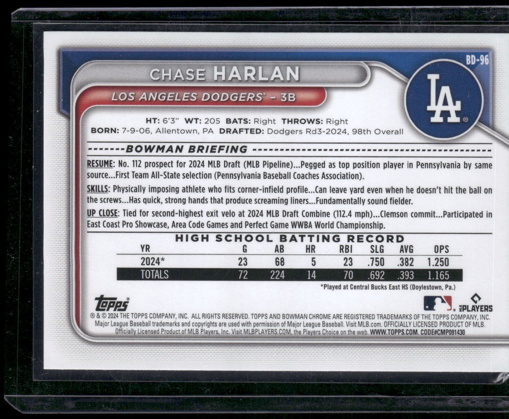 2024 Bowman Draft #BD-96 Chase Harlan Sky Blue #/499
