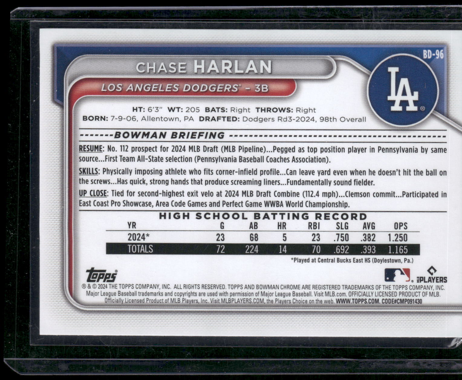 2024 Bowman Draft #BD-96 Chase Harlan Sky Blue #/499