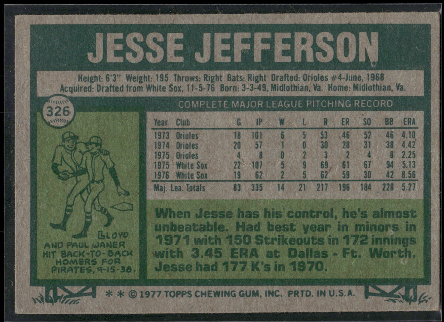 1977 Topps #326 Jesse Jefferson