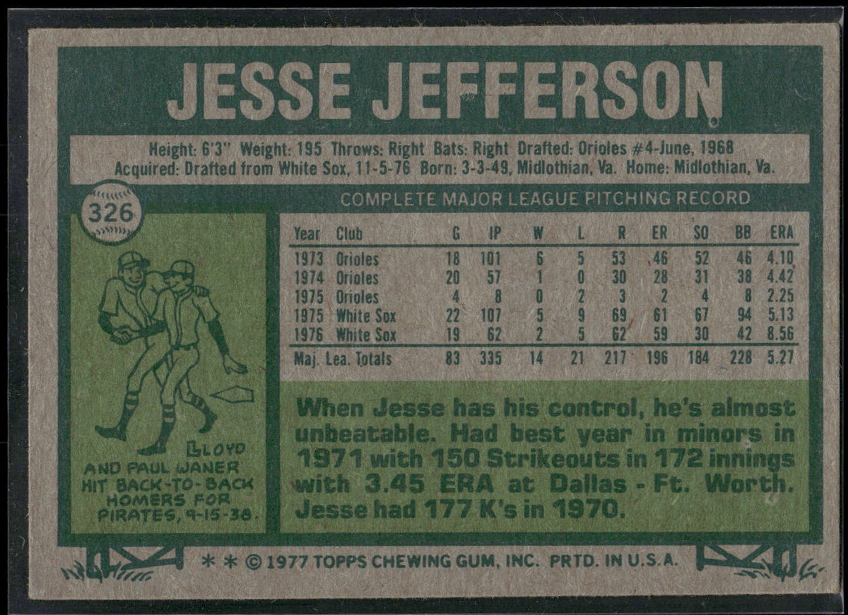 1977 Topps #326 Jesse Jefferson