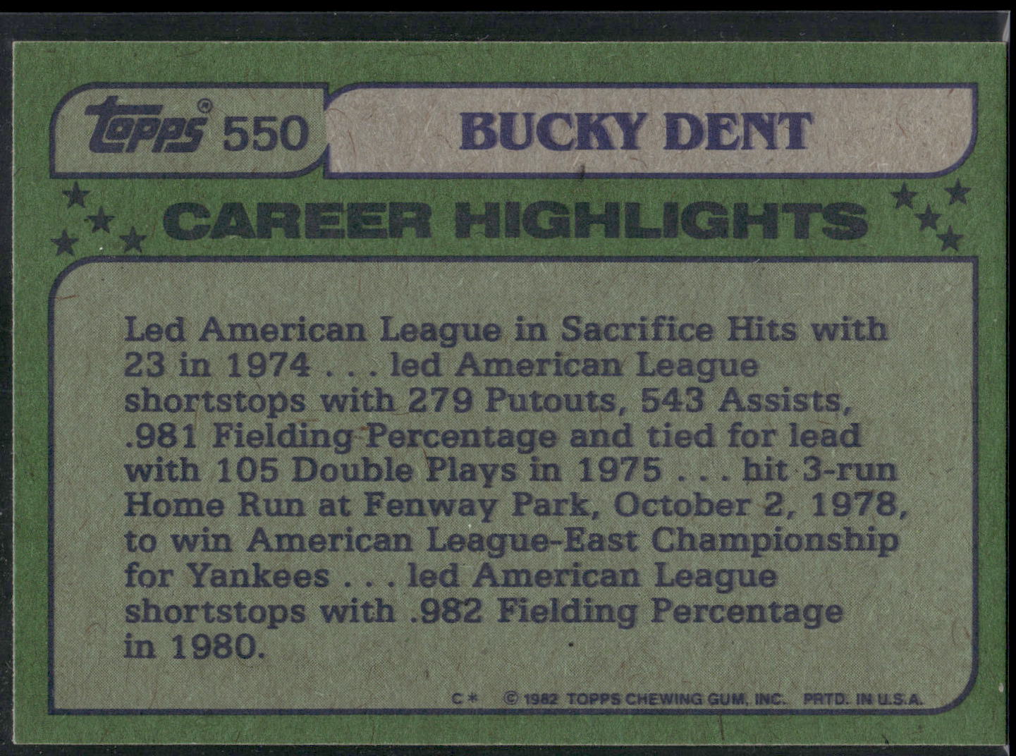 1982 Topps #550 Bucky Dent