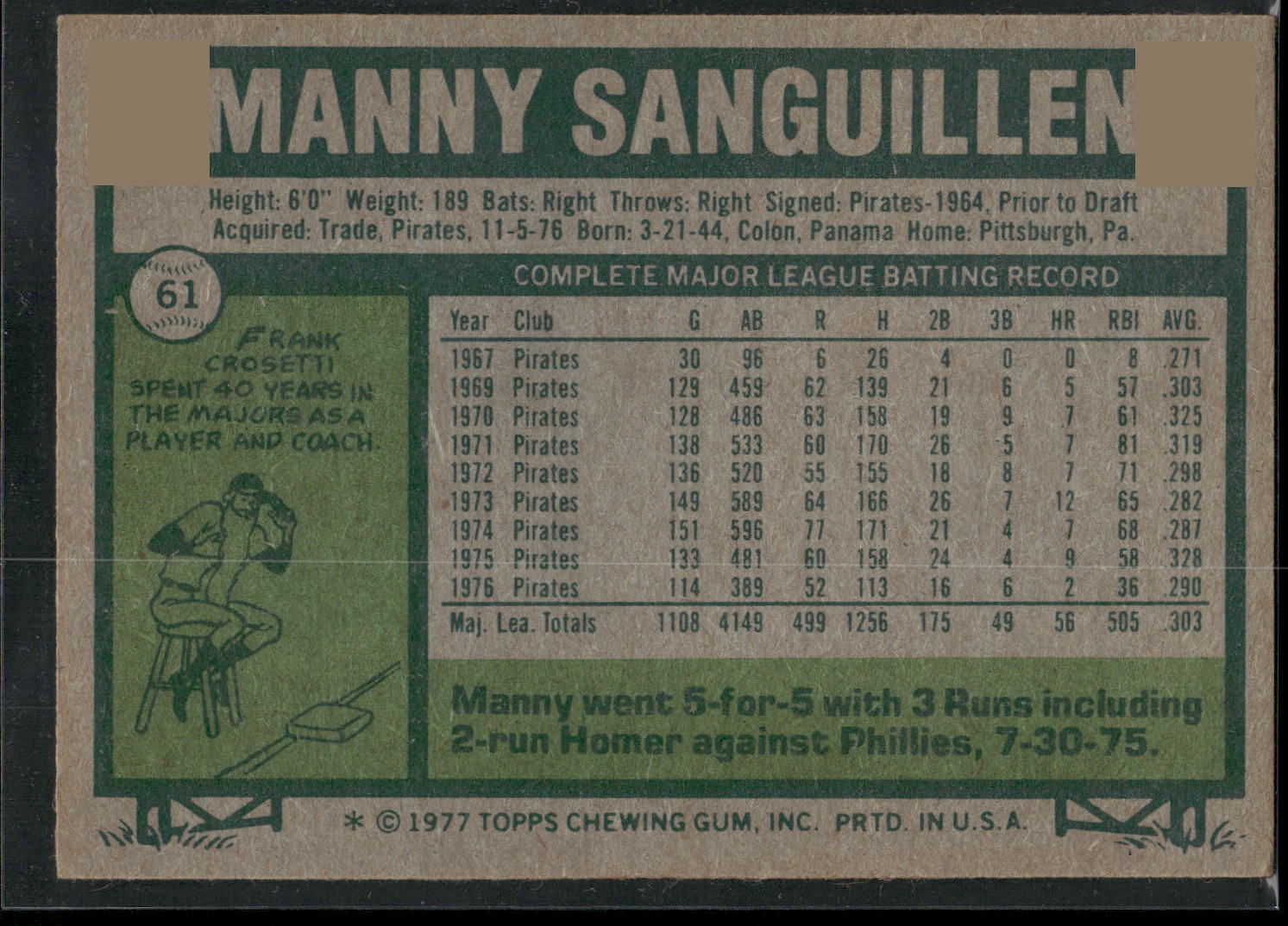 1977 Topps #61 Manny Sanguillen