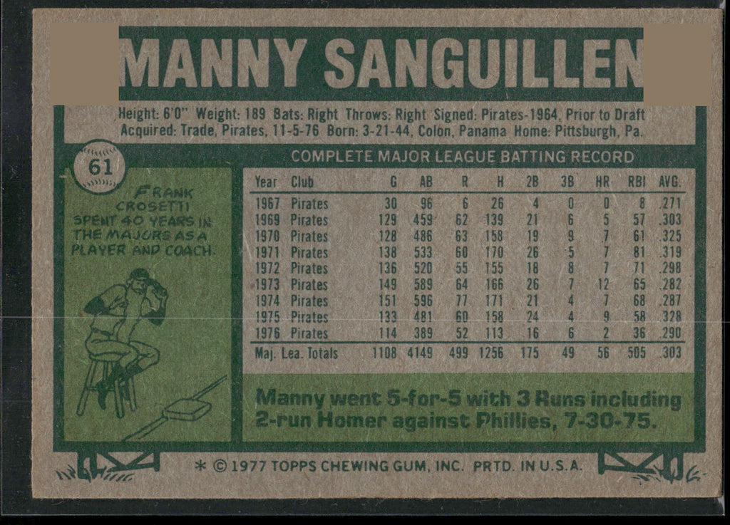 1977 Topps #61 Manny Sanguillen