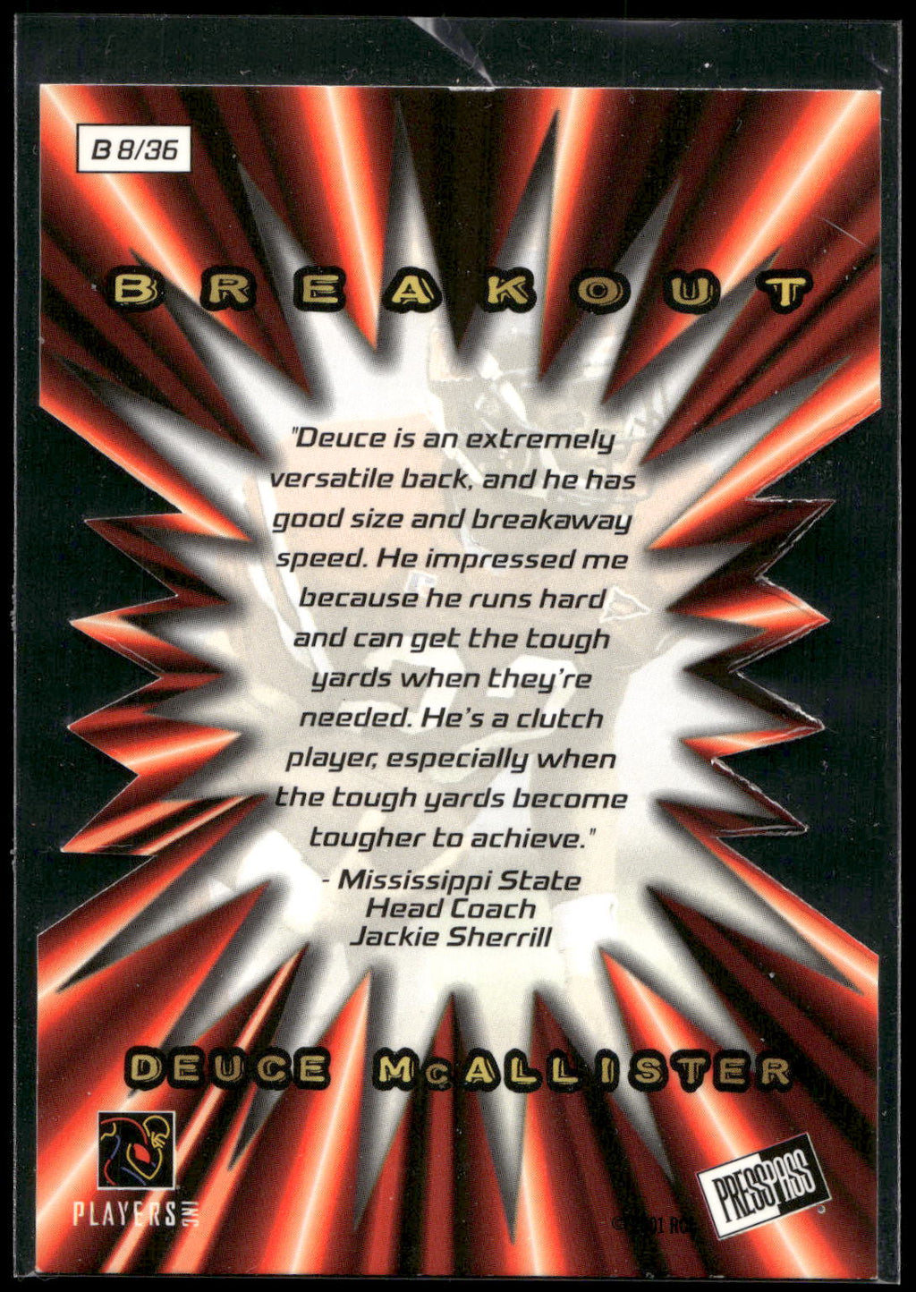 2001 Press Pass #B8 Deuce McAllister Breakout