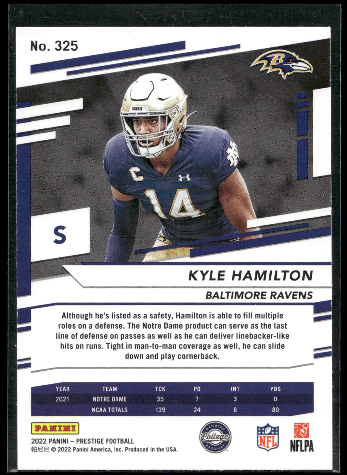 2022 Panini Prestige #325 Kyle Hamilton