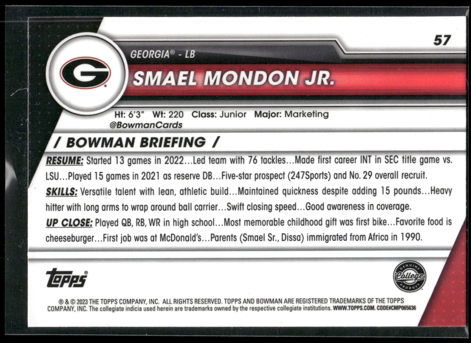2023 Bowman University Chrome #57 Smael Mondon Jr. Pink Refractor