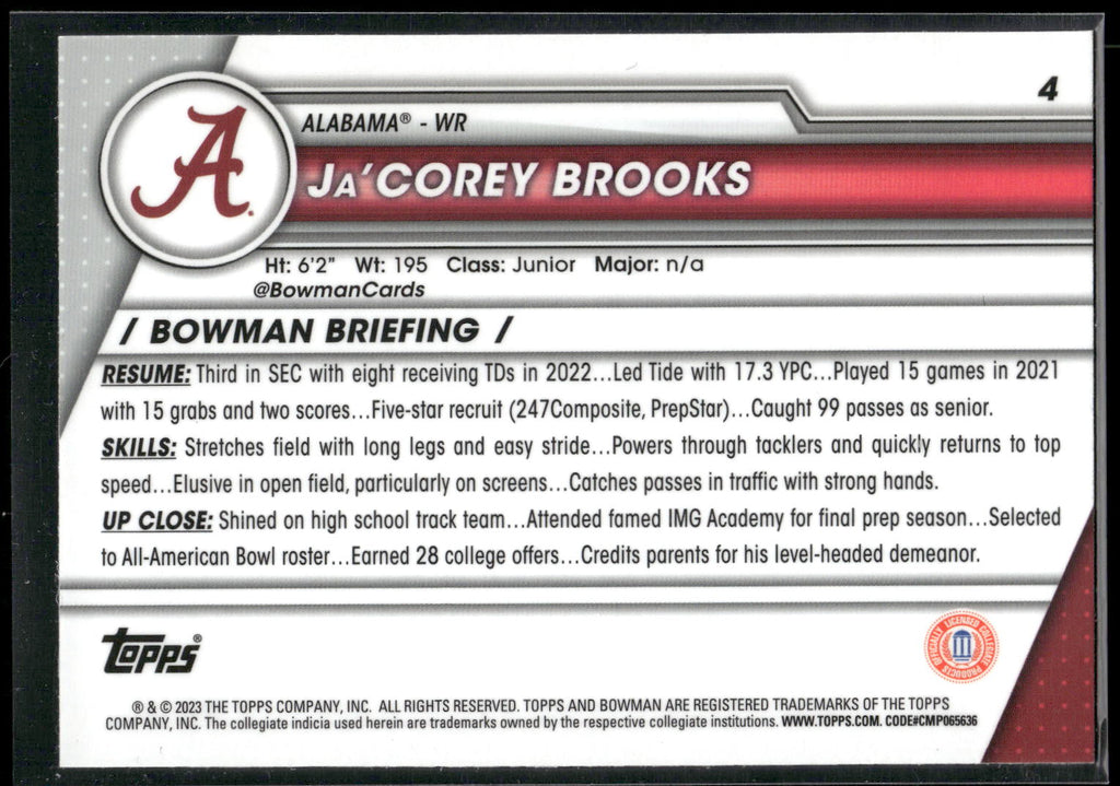 2023 Bowman University Chrome #4 Ja'Corey Brooks