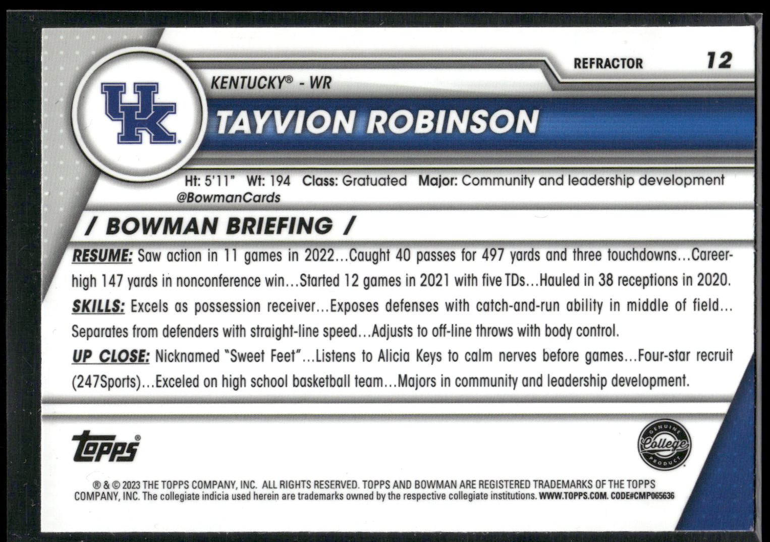 2023 Bowman University Chrome #12 Tayvion Robinson Refractor