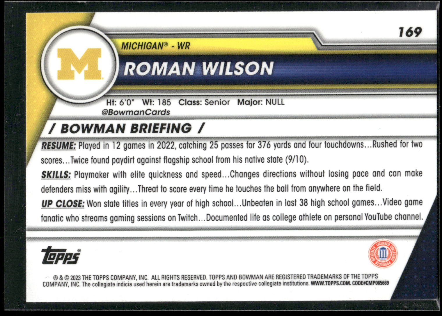 2023 Bowman University Chrome #169 Roman Wilson
