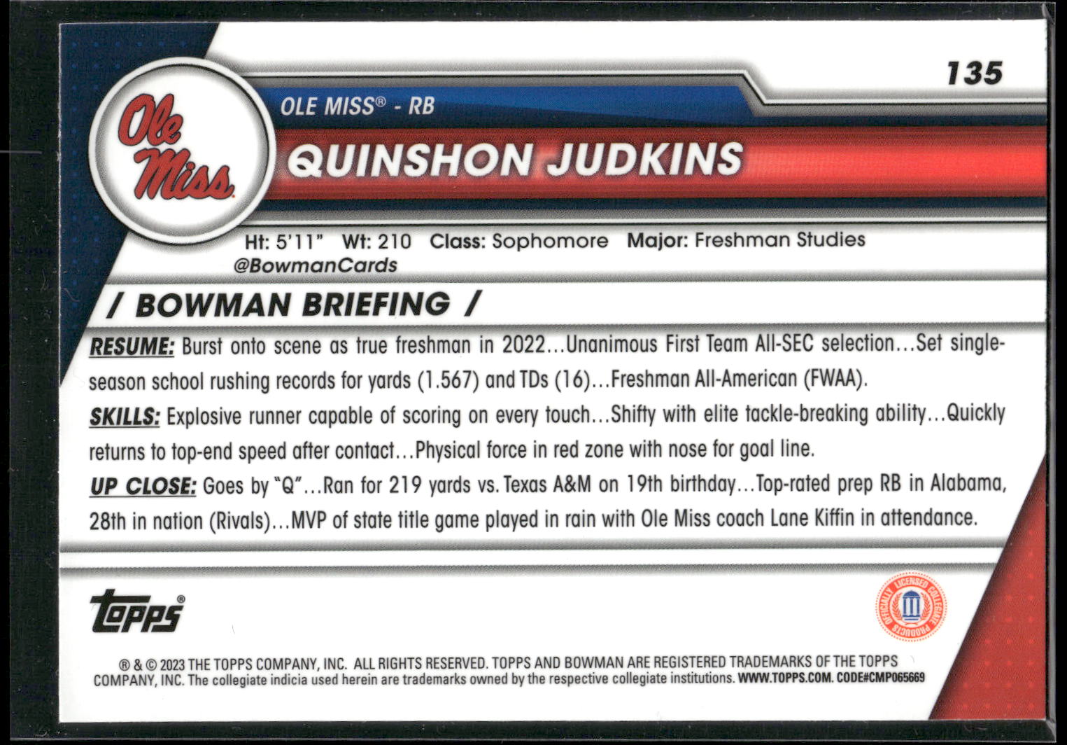 2023 Bowman University Chrome #135 Quinshon Judkins Pink Refractor