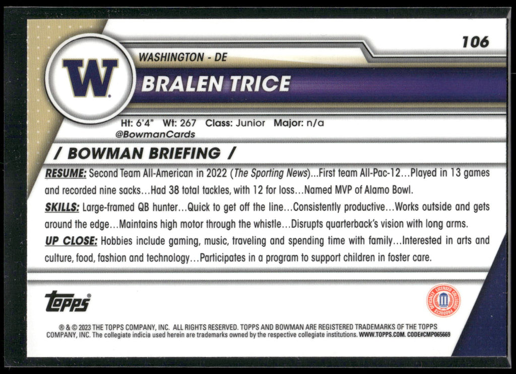 2023 Bowman University Chrome #106 Bralen Trice