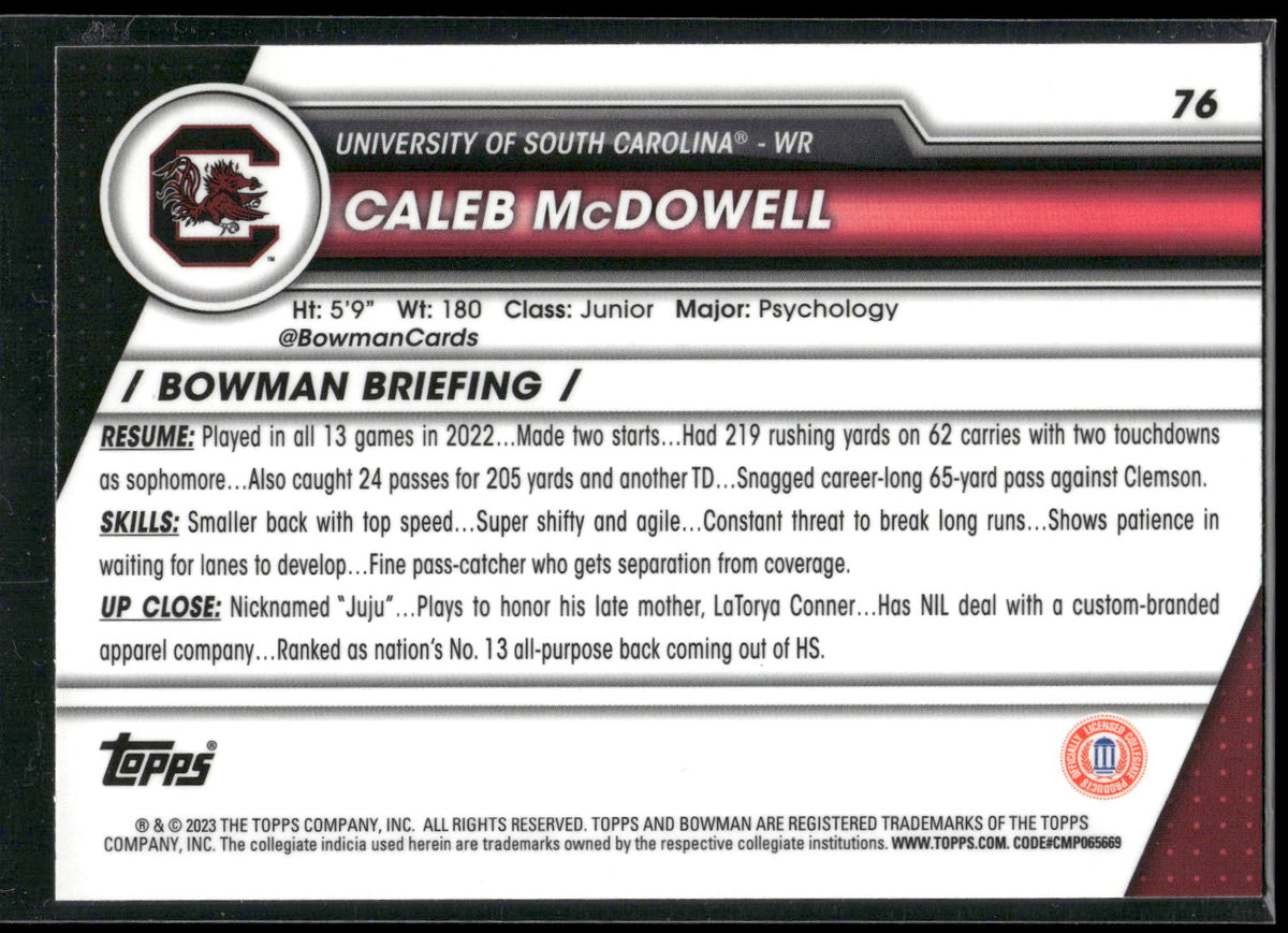 2023 Bowman University Chrome #76 Caleb McDowell