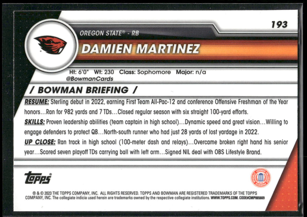 2023 Bowman University Chrome #193 Damien Martinez