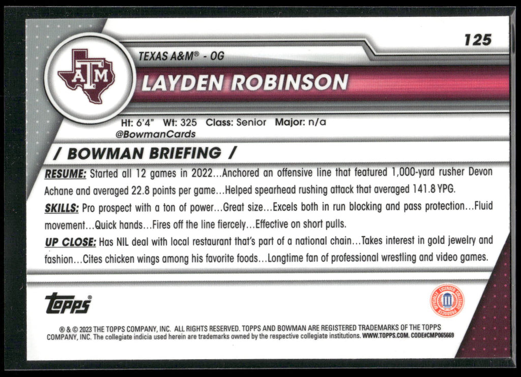 2023 Bowman University Chrome #125 Layden Robinson
