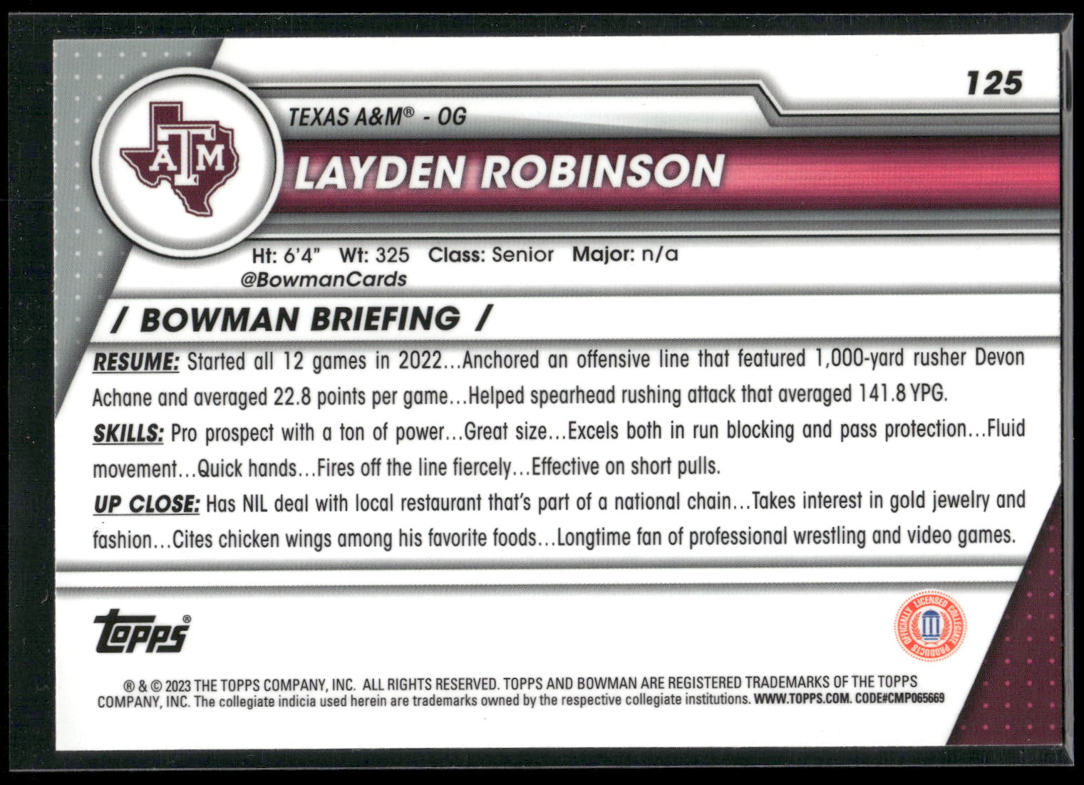 2023 Bowman University Chrome #125 Layden Robinson