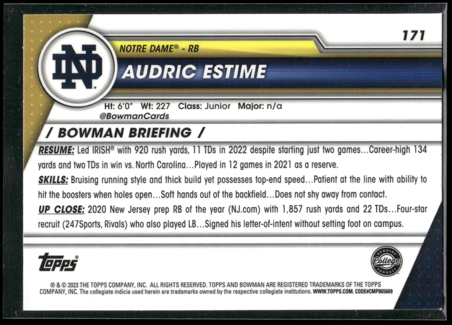 2023 Bowman University Chrome #171 Audric Estime