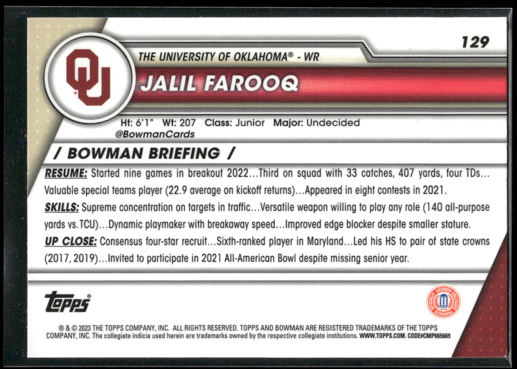 2023 Bowman University Chrome #129 Jalil Farooq