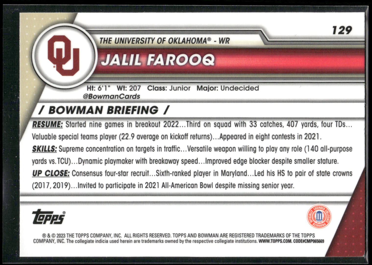 2023 Bowman University Chrome #129 Jalil Farooq