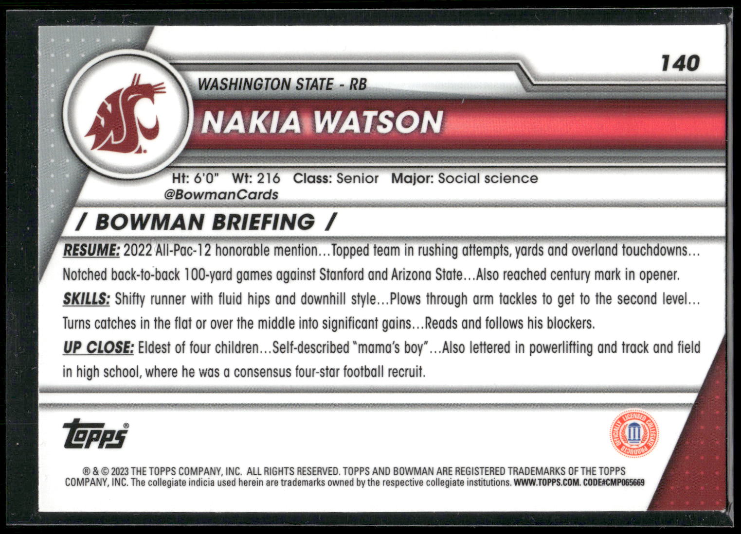 2023 Bowman University Chrome #140 Nakia Watson