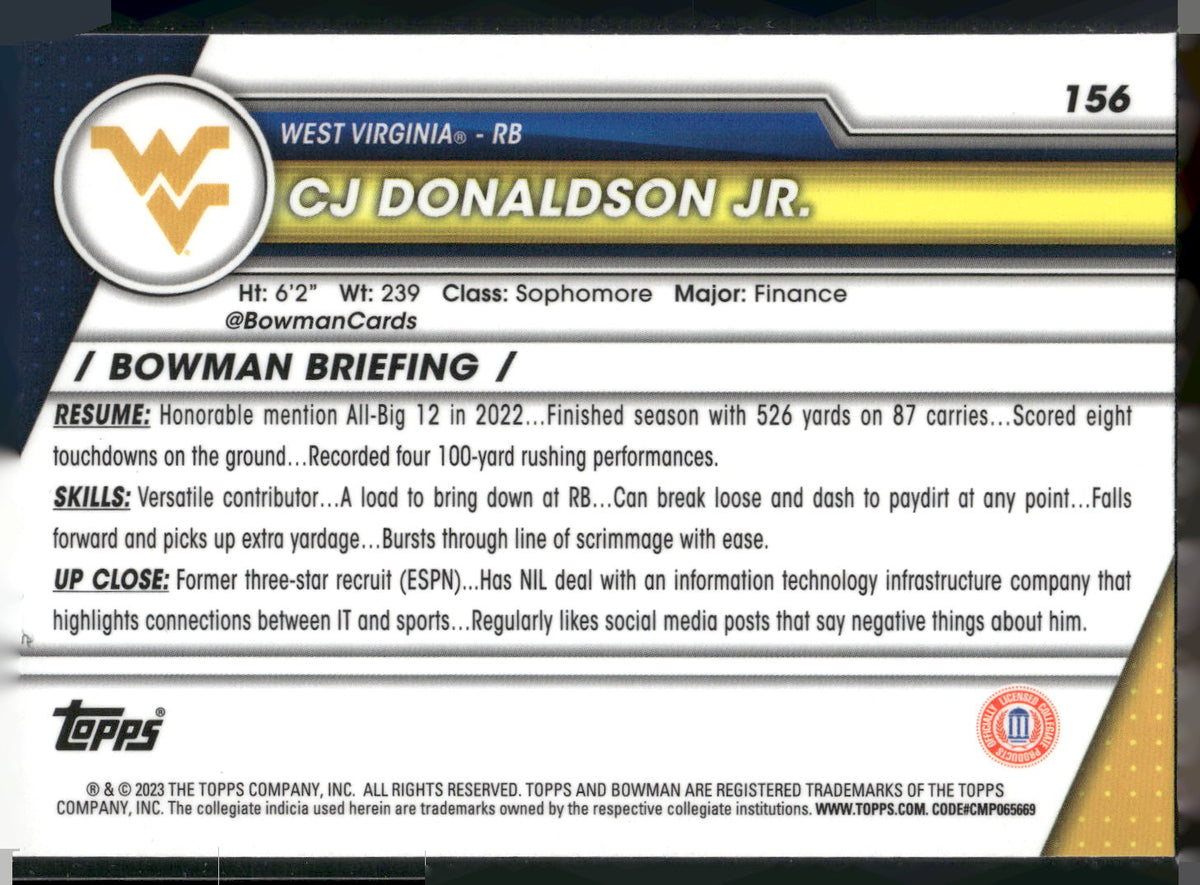 2023 Bowman University Chrome #156 CJ Donaldson Jr.