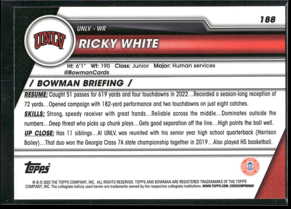 2023 Bowman University Chrome #188 Ricky White