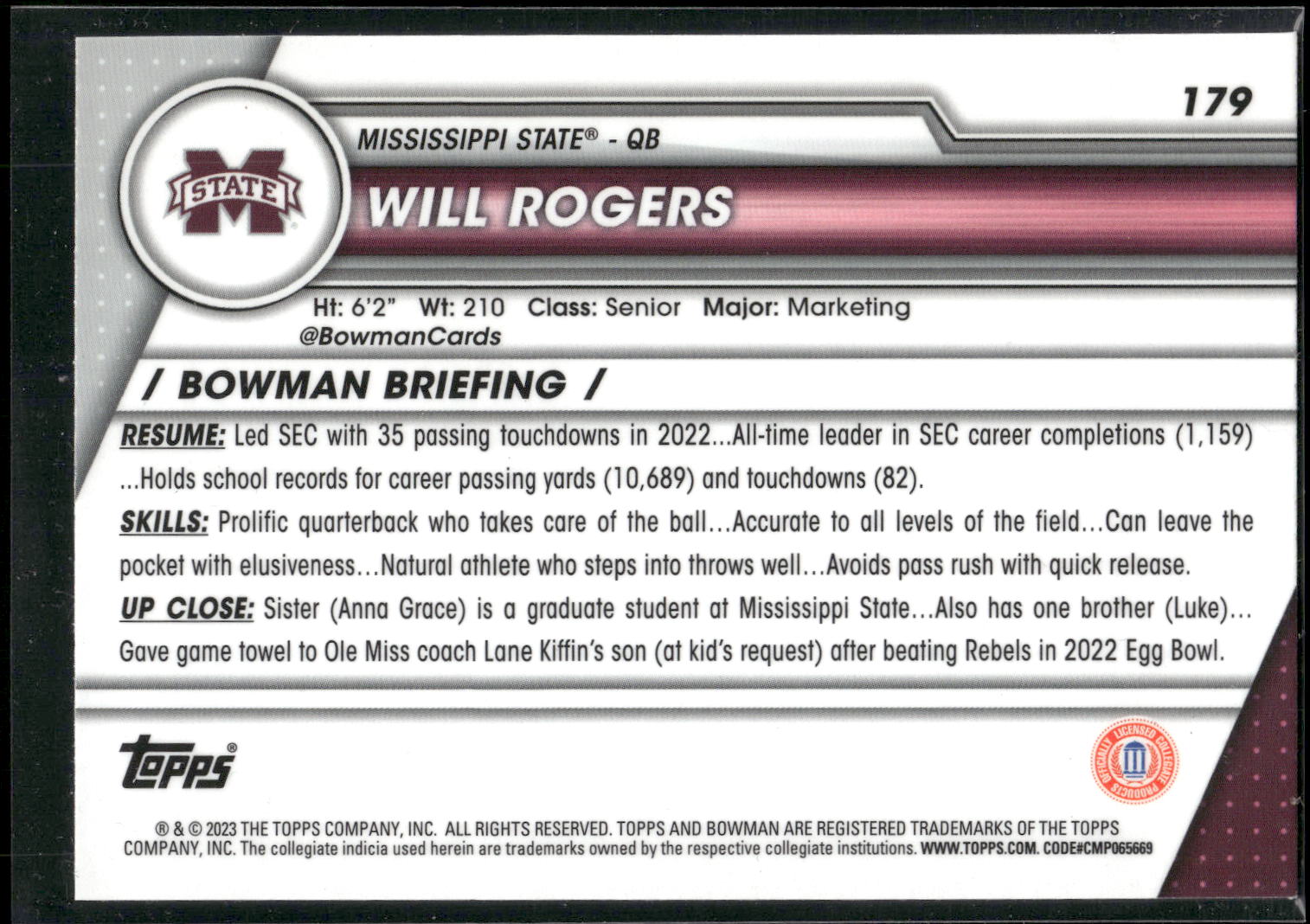 2023 Bowman University Chrome #179 Will Rogers