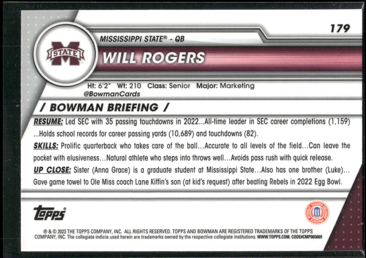 2023 Bowman University Chrome #179 Will Rogers