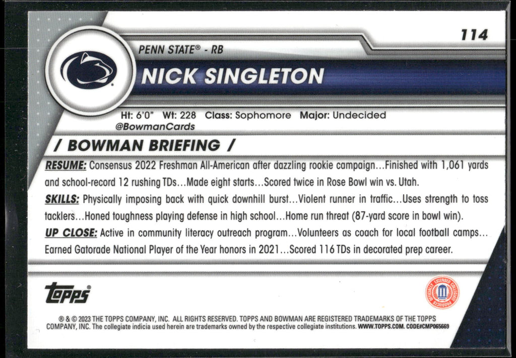 2023 Bowman University Chrome #114 Nick Singleton
