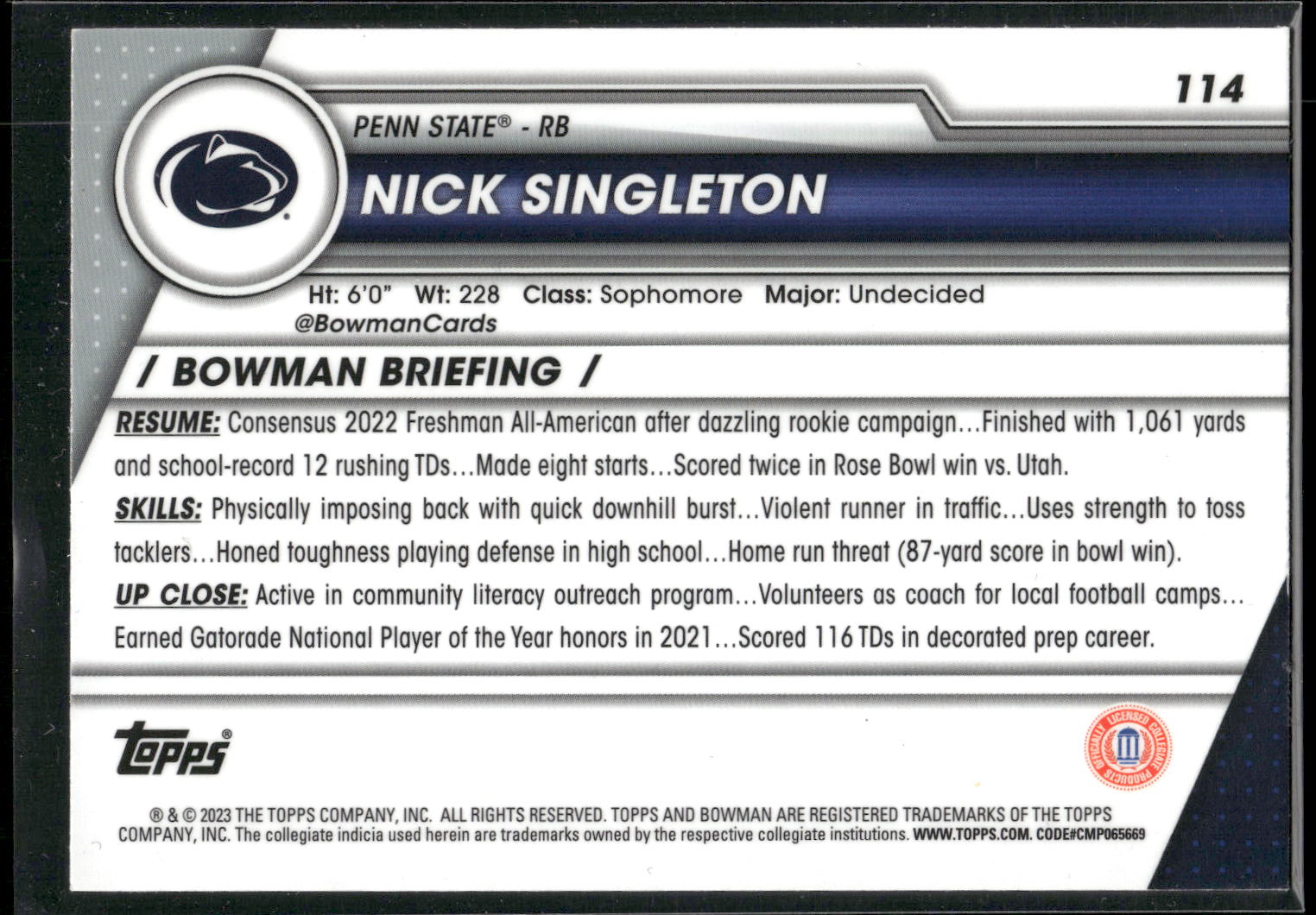2023 Bowman University Chrome #114 Nick Singleton