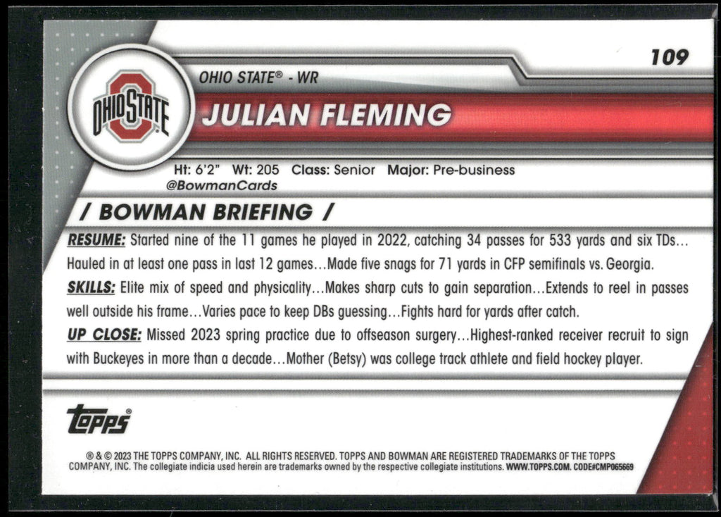 2023 Bowman University Chrome #109 Julian Fleming