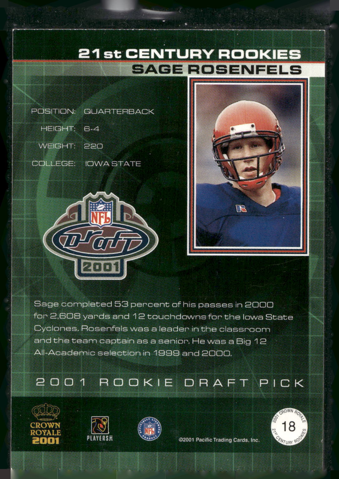 2001 Pacific Crown Royale #18 Sage Rosenfels 21st Century Rookies