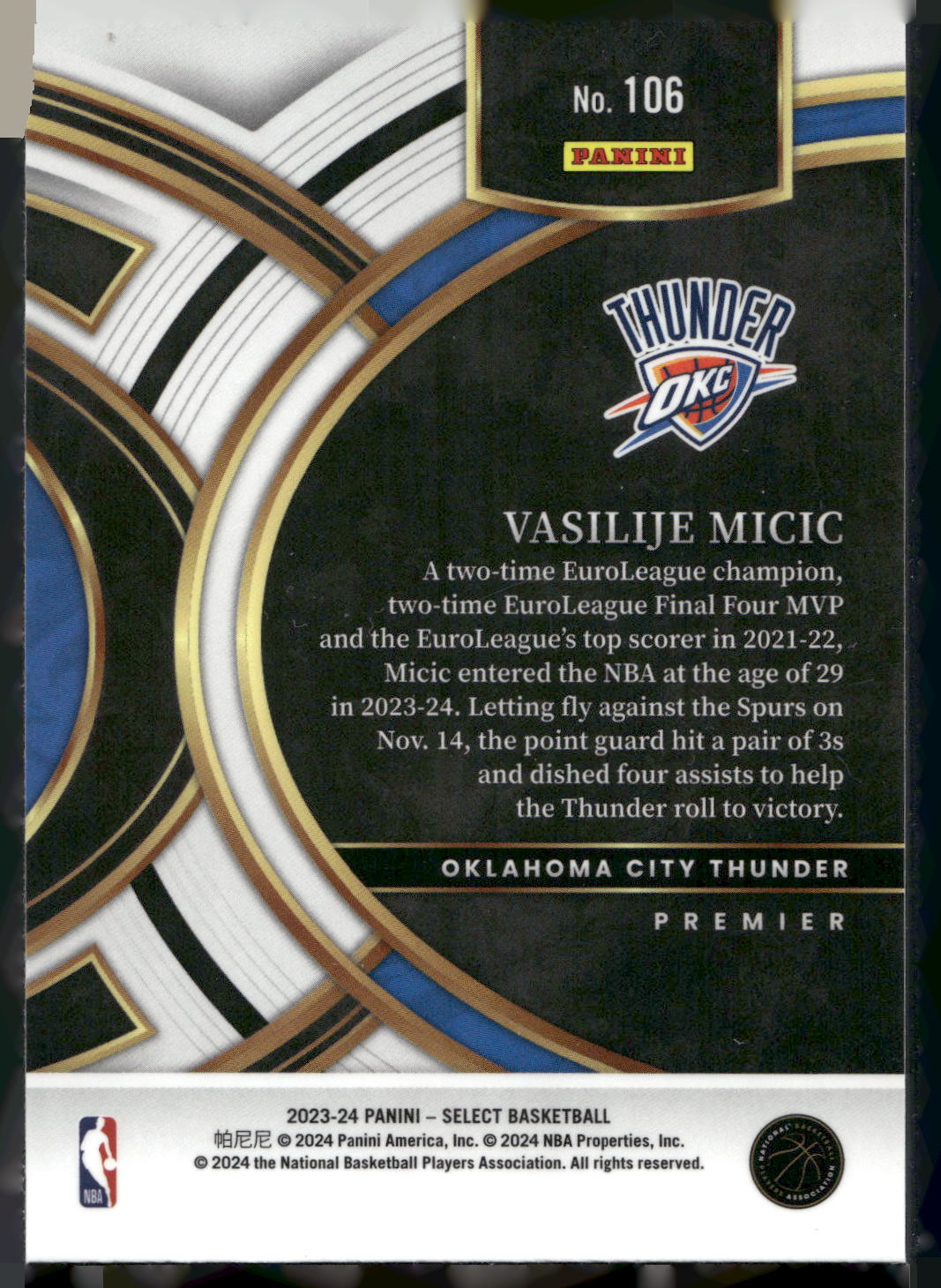 2023-24 Panini Select #106 Vasilije Micic