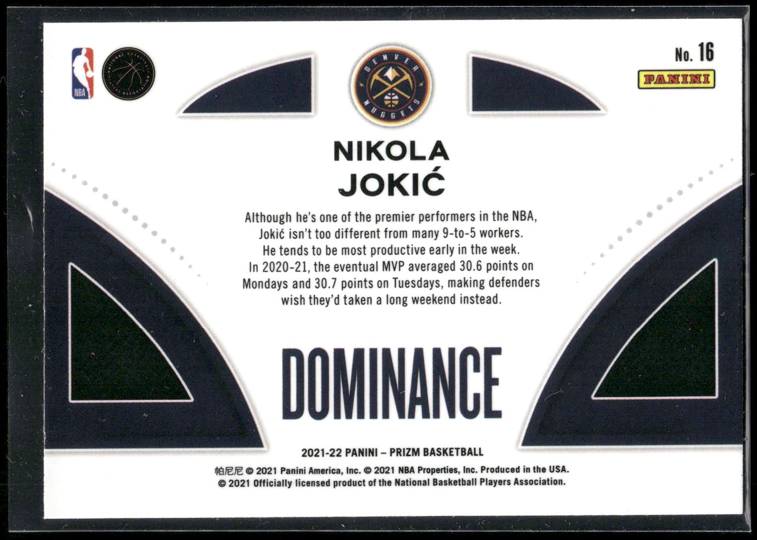 2021-22 Panini Prizm #16 Nikola Jokic Dominance