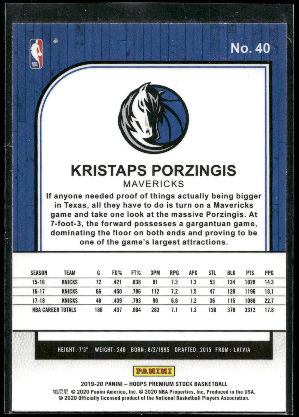 2019-20 Hoops Premium Stock #40 Kristaps Porzingis