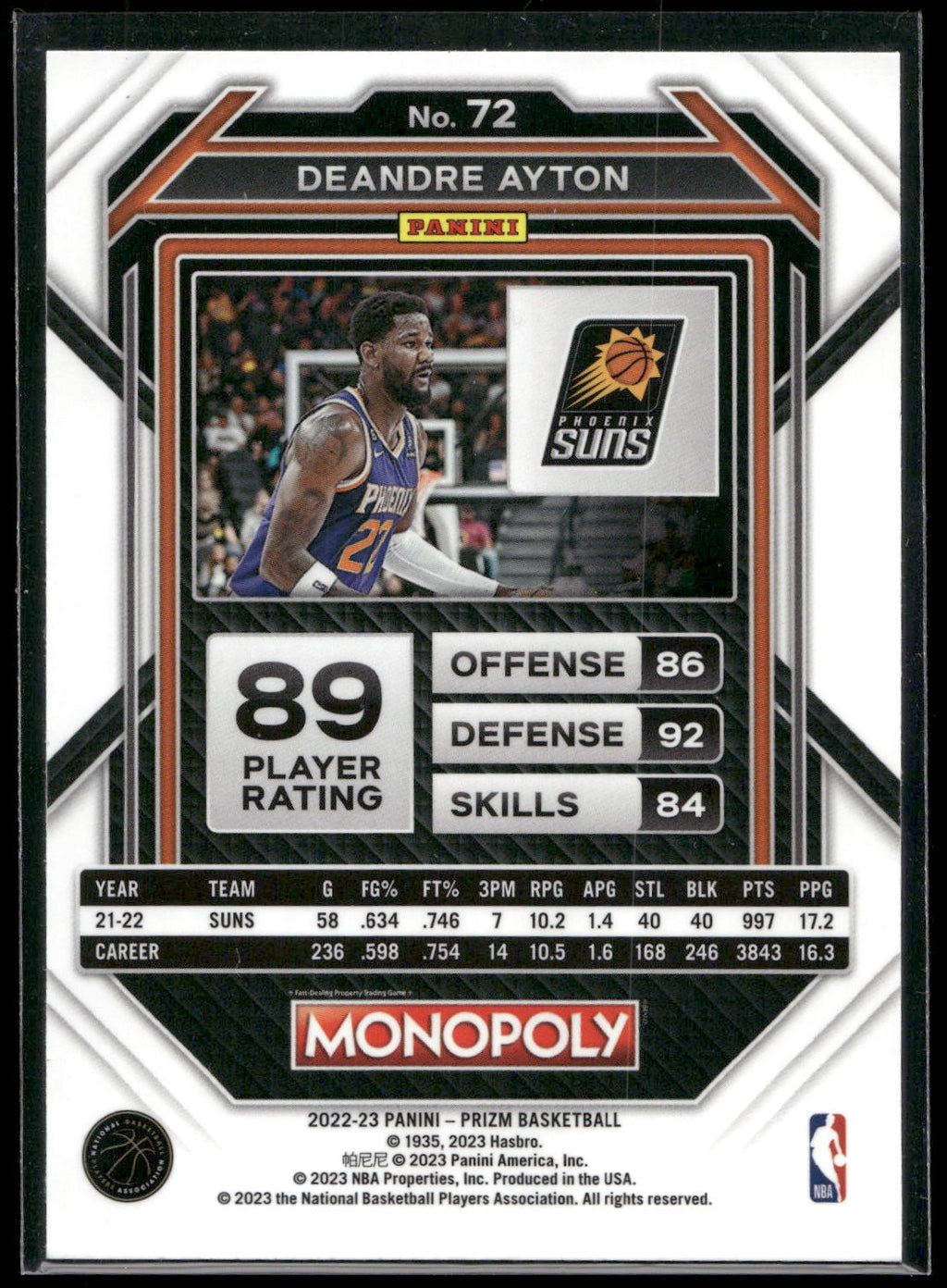 2022-23 Panini Prizm Monopoly #72 Deandre Ayton Monopoly Black Classic Icons