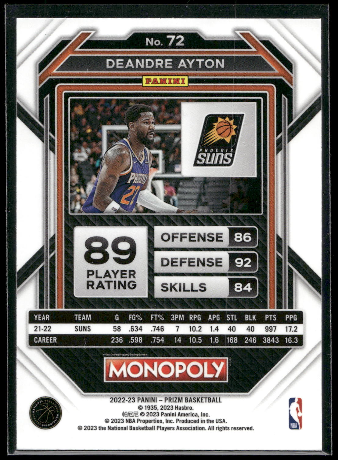 2022-23 Panini Prizm Monopoly #72 Deandre Ayton Monopoly Black Classic Icons