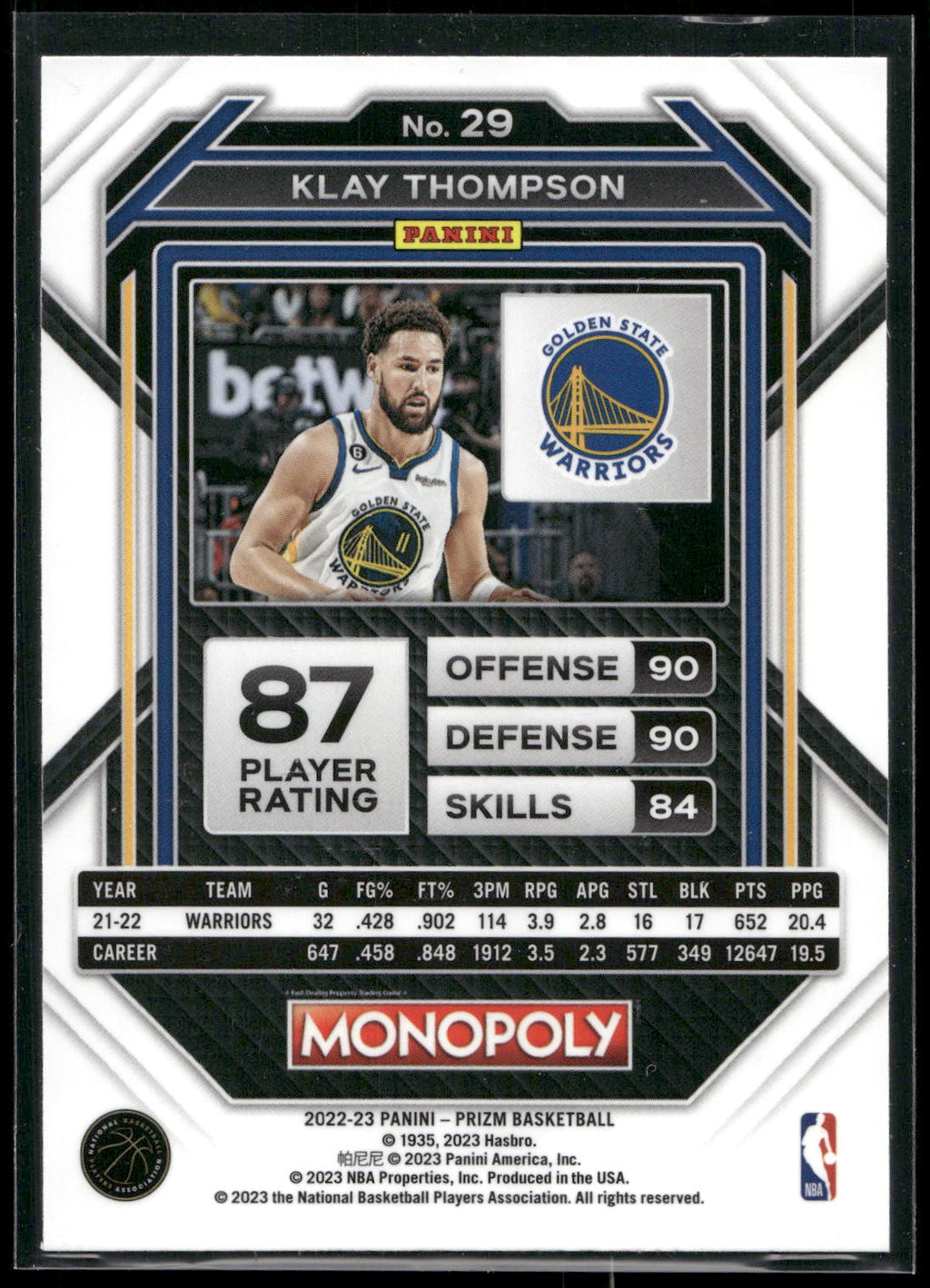 2022-23 Panini Prizm Monopoly #29 Klay Thompson