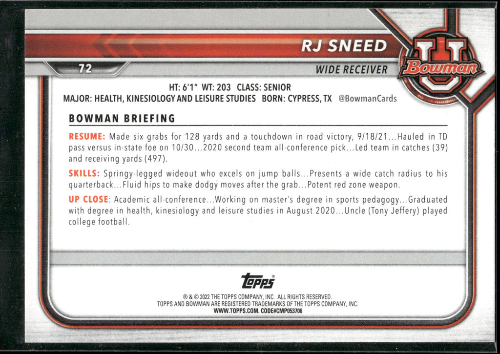 2021-22 Bowman University #72 R.J. Sneed