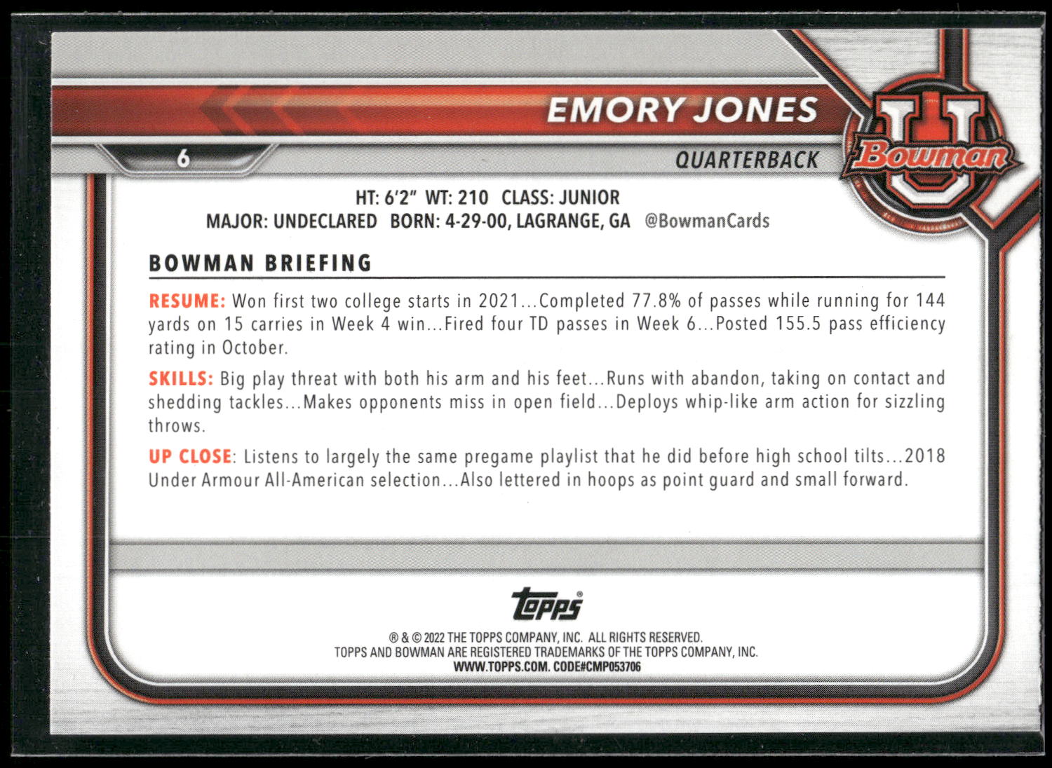 2021-22 Bowman University #6 Emory Jones