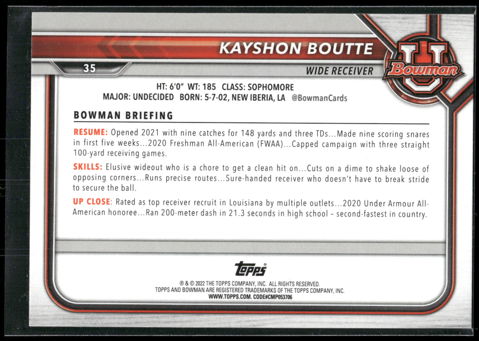2021-22 Bowman University #35 Kayshon Boutte