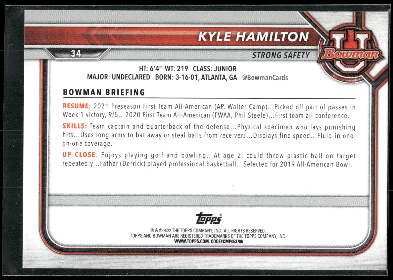 2021-22 Bowman University #34 Kyle Hamilton