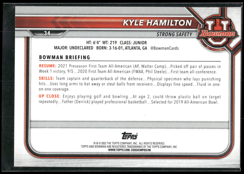 2021-22 Bowman University #34 Kyle Hamilton