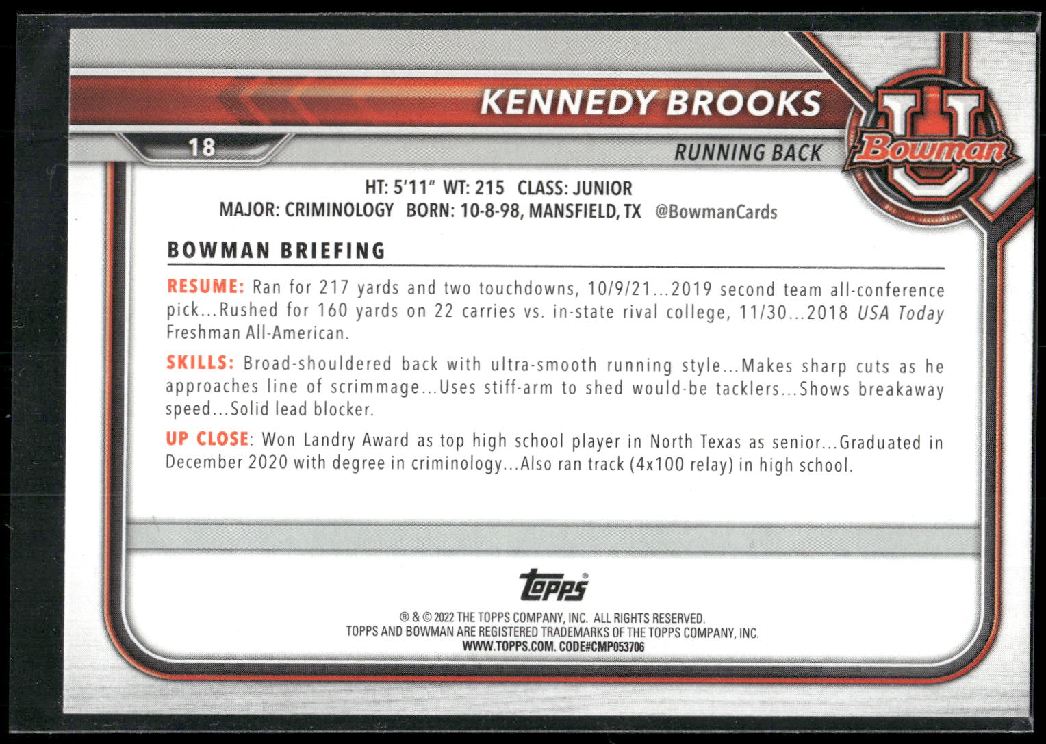 2021-22 Bowman University #18 Kennedy Brooks