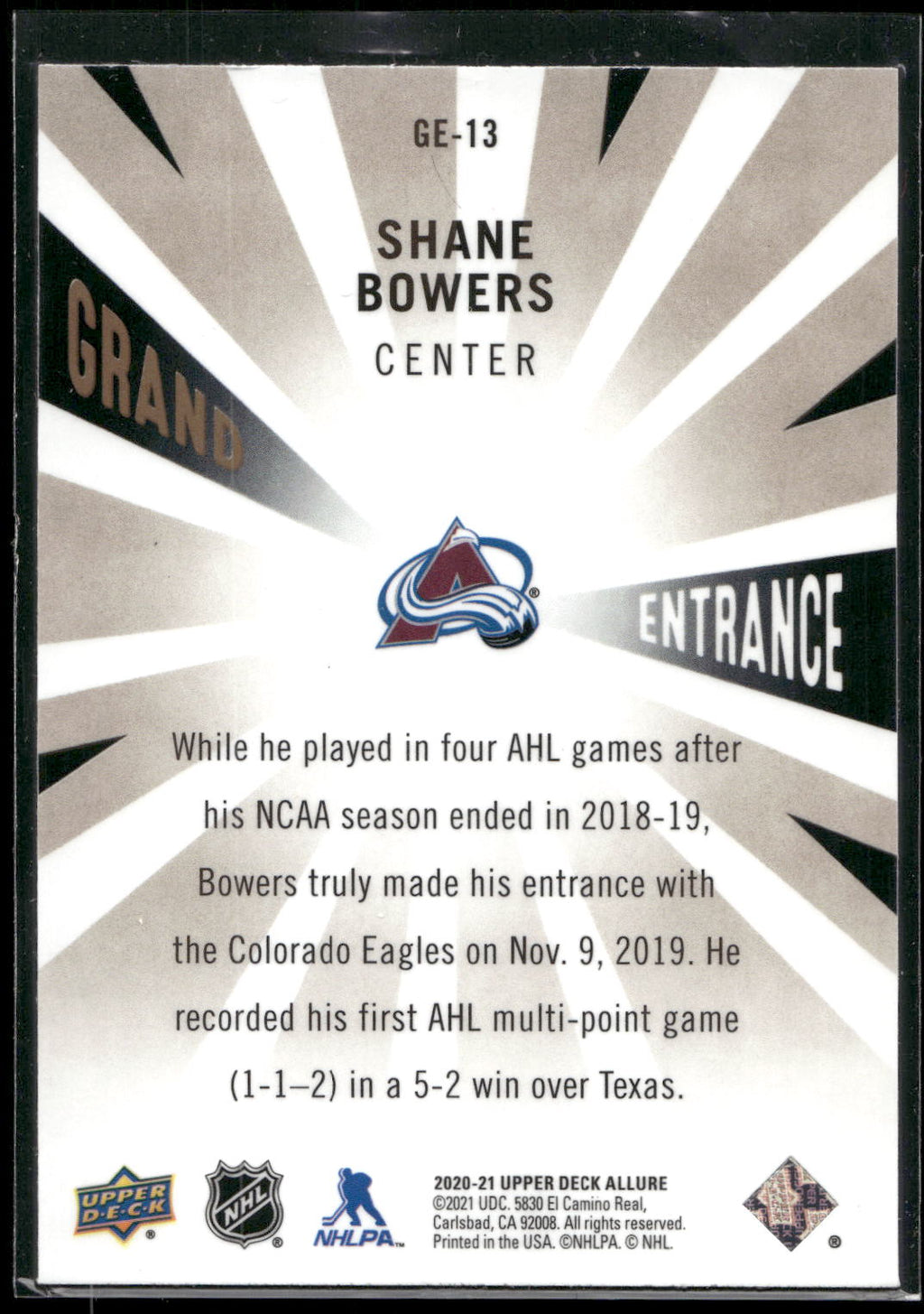 2020-21 Upper Deck Allure #GE-13 Shane Bowers Grand Entrance
