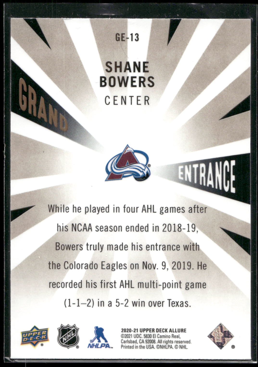 2020-21 Upper Deck Allure #GE-13 Shane Bowers Grand Entrance