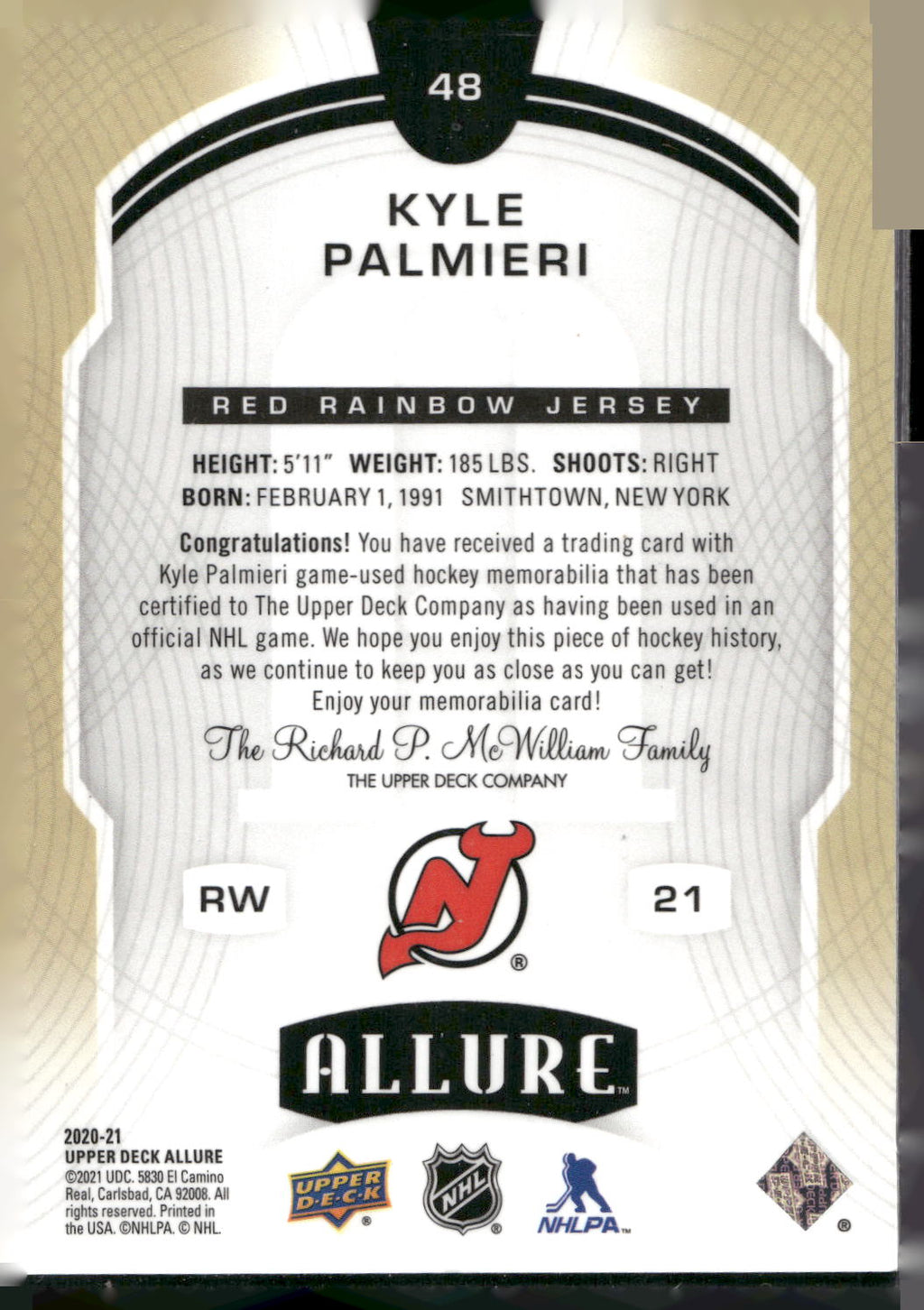 2020-21 Upper Deck Allure #48 Kyle Palmieri Red Rainbow Jersey